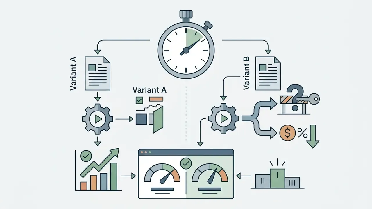 Stopwatch timing two content variants that branch into performance metrics and comparative rankings