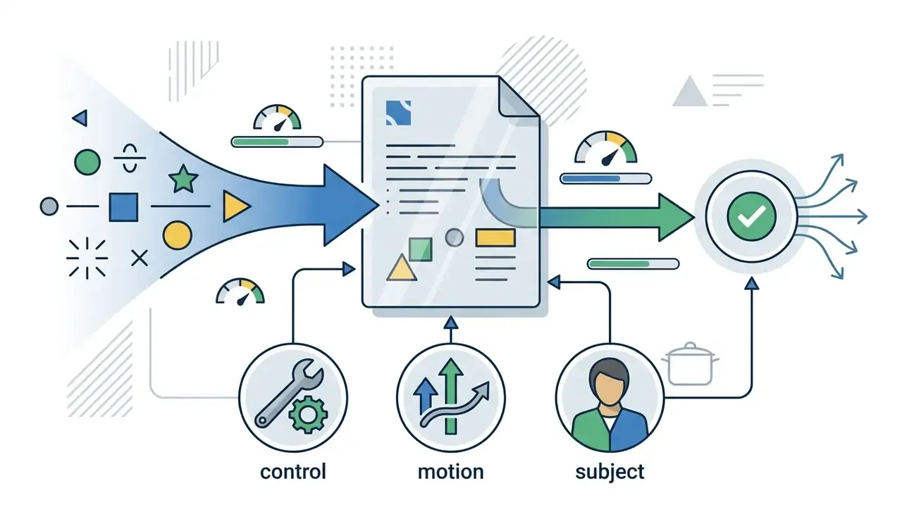 Conceptual process flow showing how control, motion, and subject inputs refine a Google Veo prompt