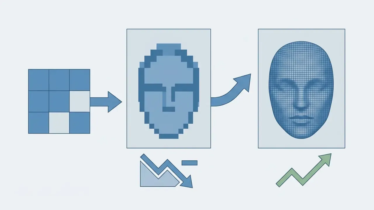 Diagram showing a low resolution pixelated face transforming into a high resolution wireframe model