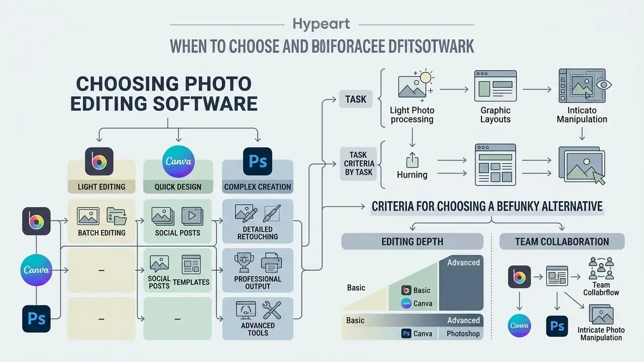 Flowchart comparing BeFunky, Canva, and Adobe Photoshop based on editing depth and team collaboration needs
