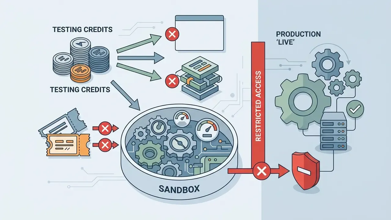 Testing credits and tickets directed into a sandbox environment with restricted access to live production