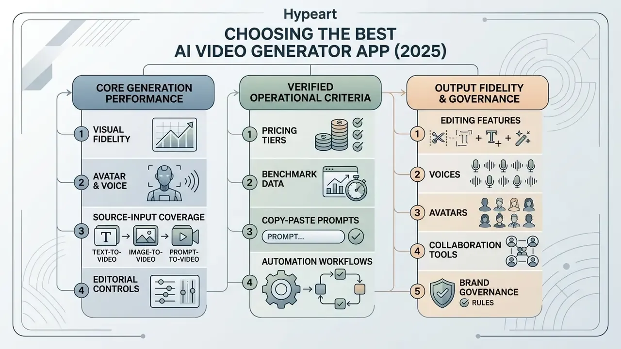 Infographic outlining key criteria for evaluating AI video generator apps including performance and governance