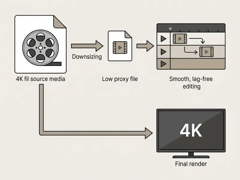 Diagram showing 4K source media converting to low-resolution proxy files for editing and final 4K render