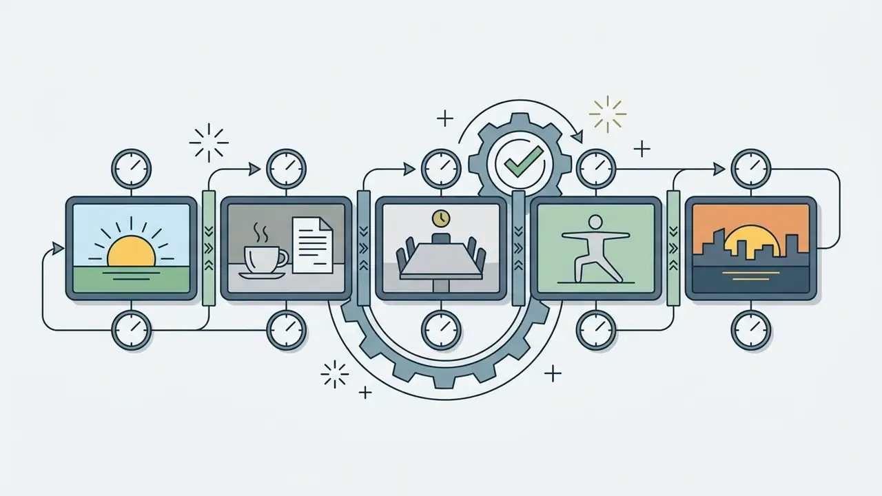 Sequence of five daily activity icons connected by clock gauges and a central gear with a checkmark