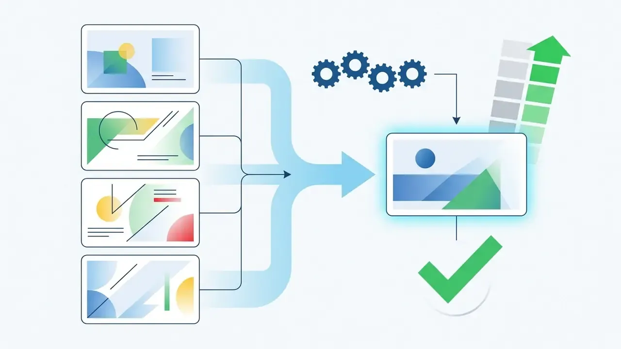 Four generated image candidates converging into a single selection marked with a green check