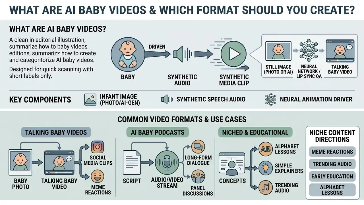 Diagram illustrating the production process and common content formats for creating AI baby videos