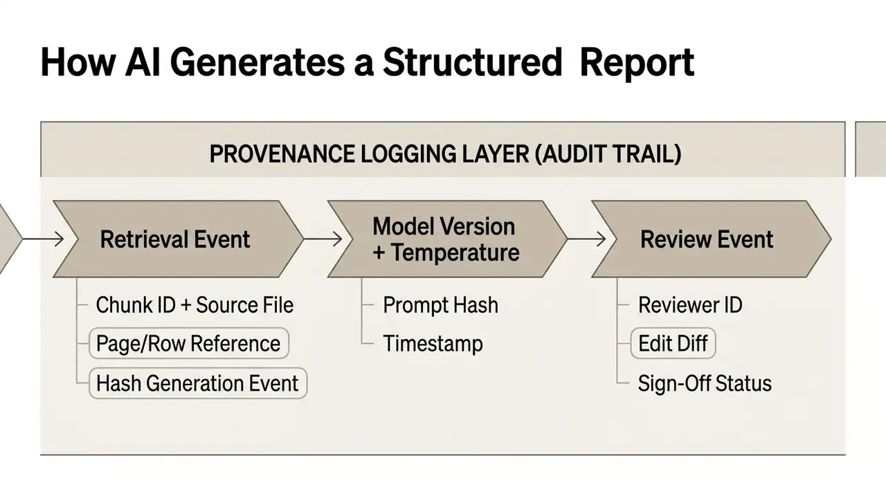 Diagram detailing the provenance logging layer with retrieval, model, and review event data points