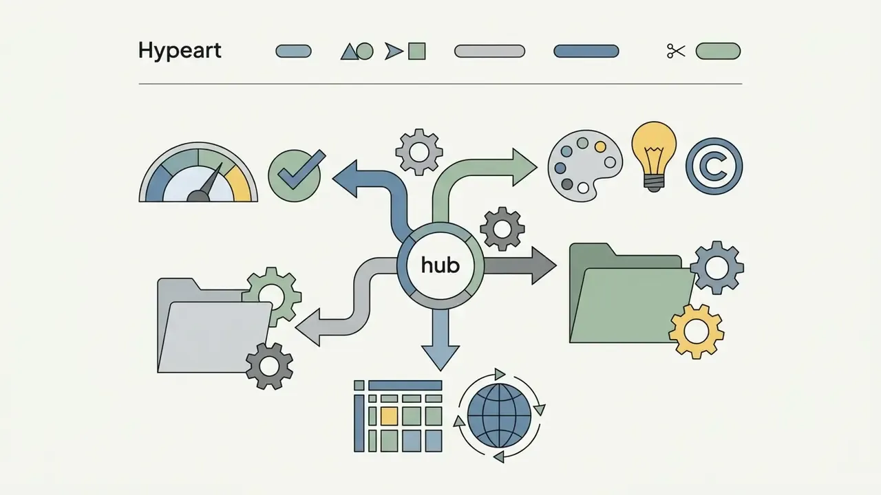 Central hub icon connected to folders, gears, and creative tools for managing media and digital assets