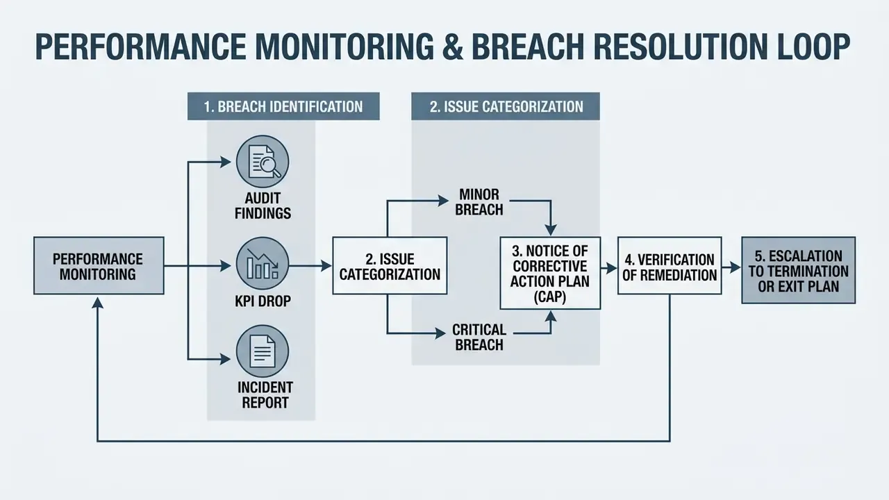 Five-step process diagram showing vendor breach identification, categorization, and remediation stages