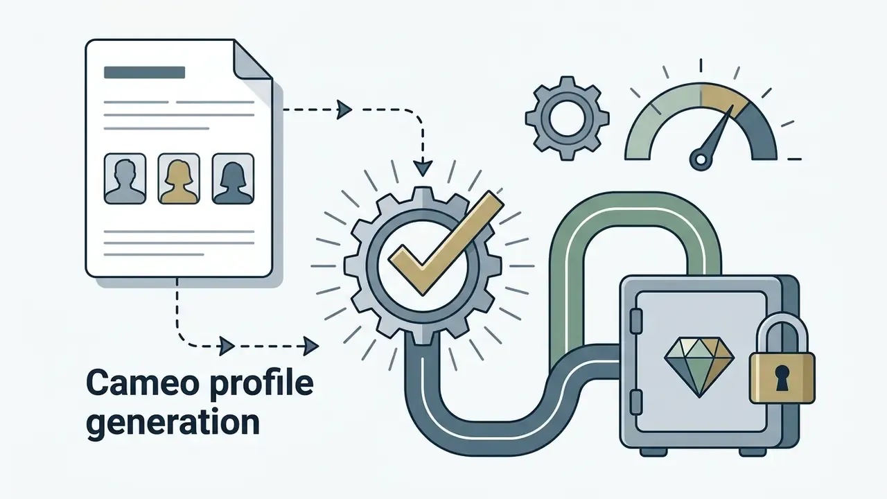 Document with user icons connecting through a gear and checkmark to a locked vault with a diamond