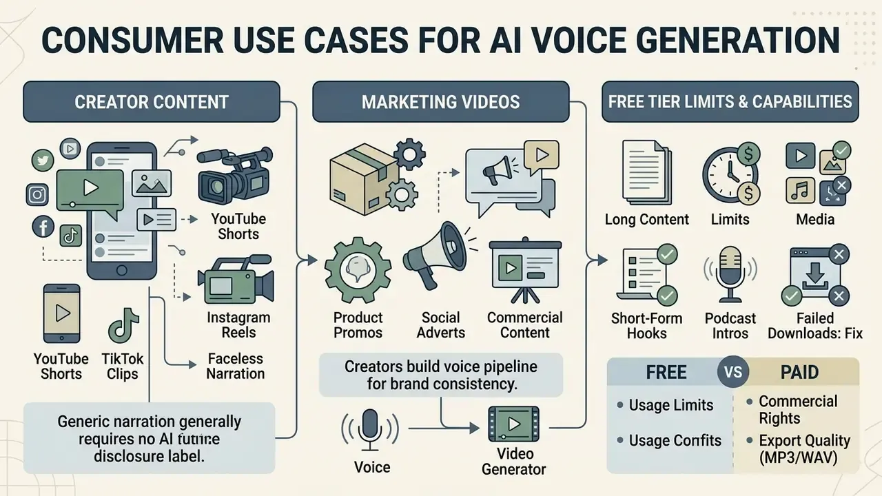 Diagram showing creator content, marketing video applications, and free tier limitations for AI audio