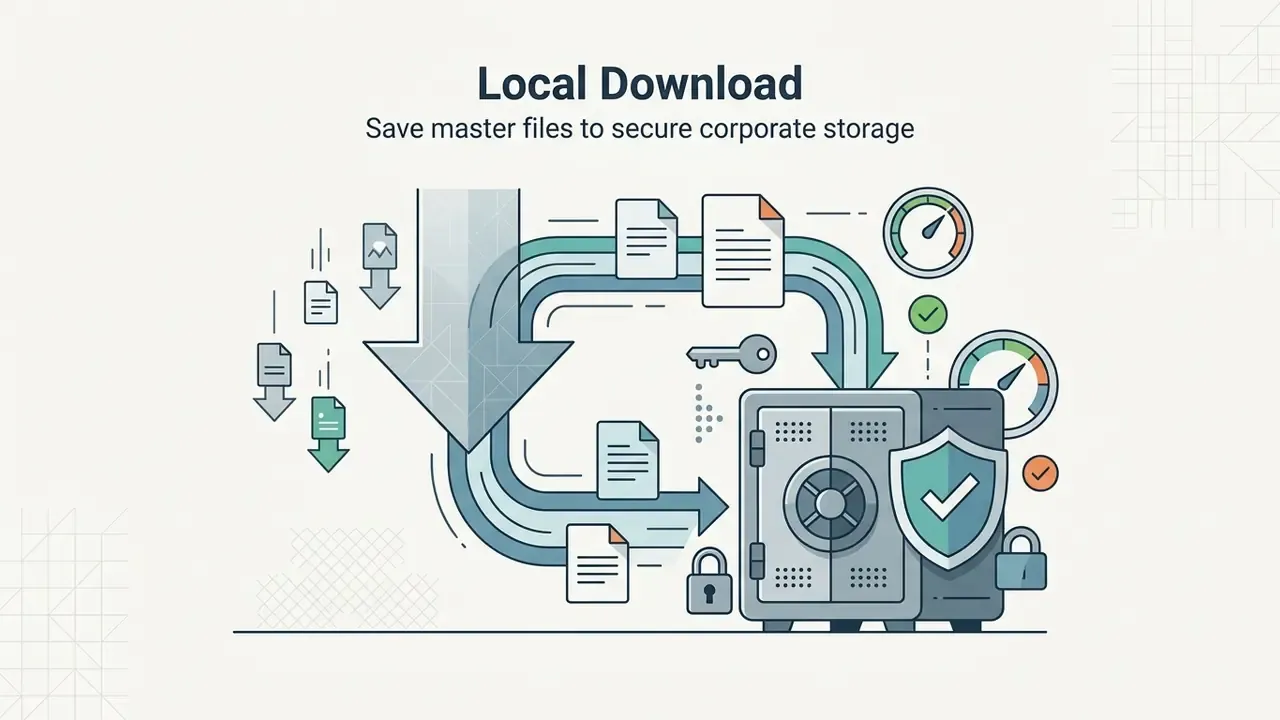 Files moving through a circular path into a metal safe with a shield and padlock icon