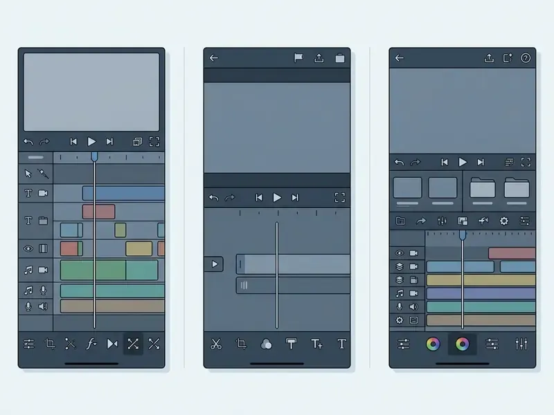 Side by side comparison of three mobile video editing app interfaces showing distinct timeline layouts