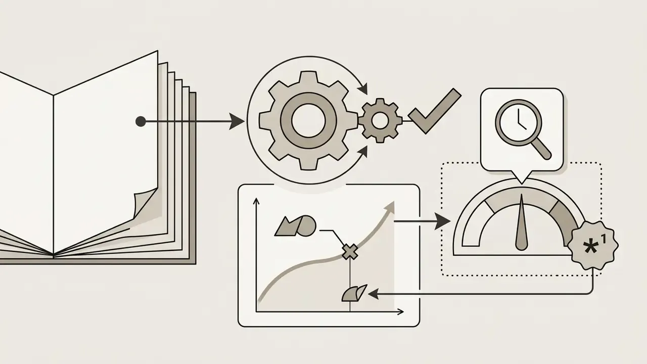 Open book feeding into a gear mechanism that connects to a growth chart and a speed gauge with a footnote