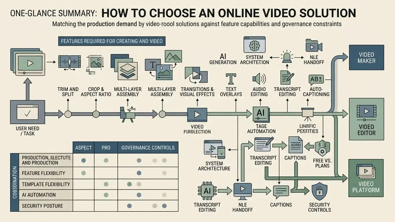 Flowchart mapping user tasks and editing features to various production platforms and governance controls
