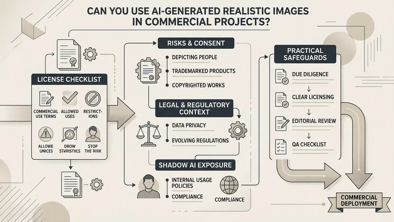 Flowchart showing license checks, legal risks, and practical safeguards for commercial output deployment