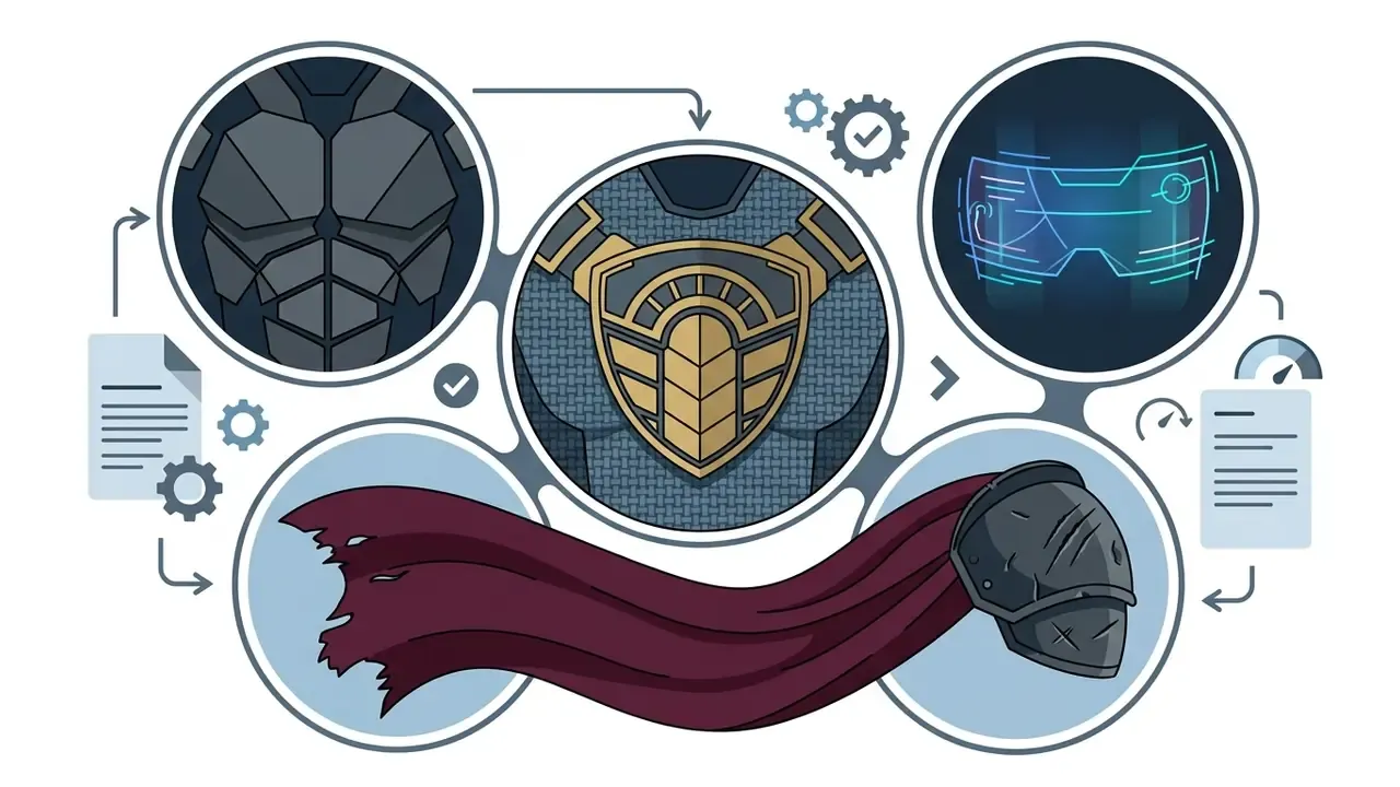 Diagram showing armor components like carbon-fiber plating, a gold emblem, a holographic visor, and a cape