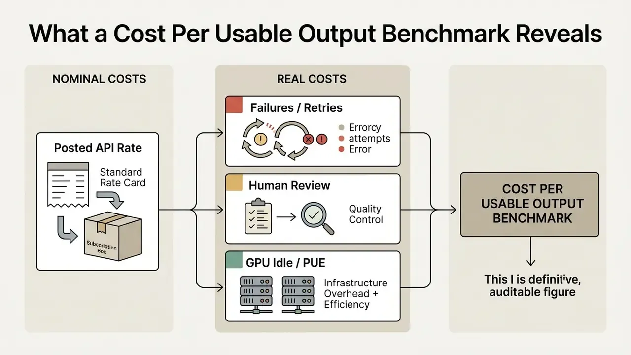 Flowchart connecting nominal API rates and real operational costs to a final usable output benchmark