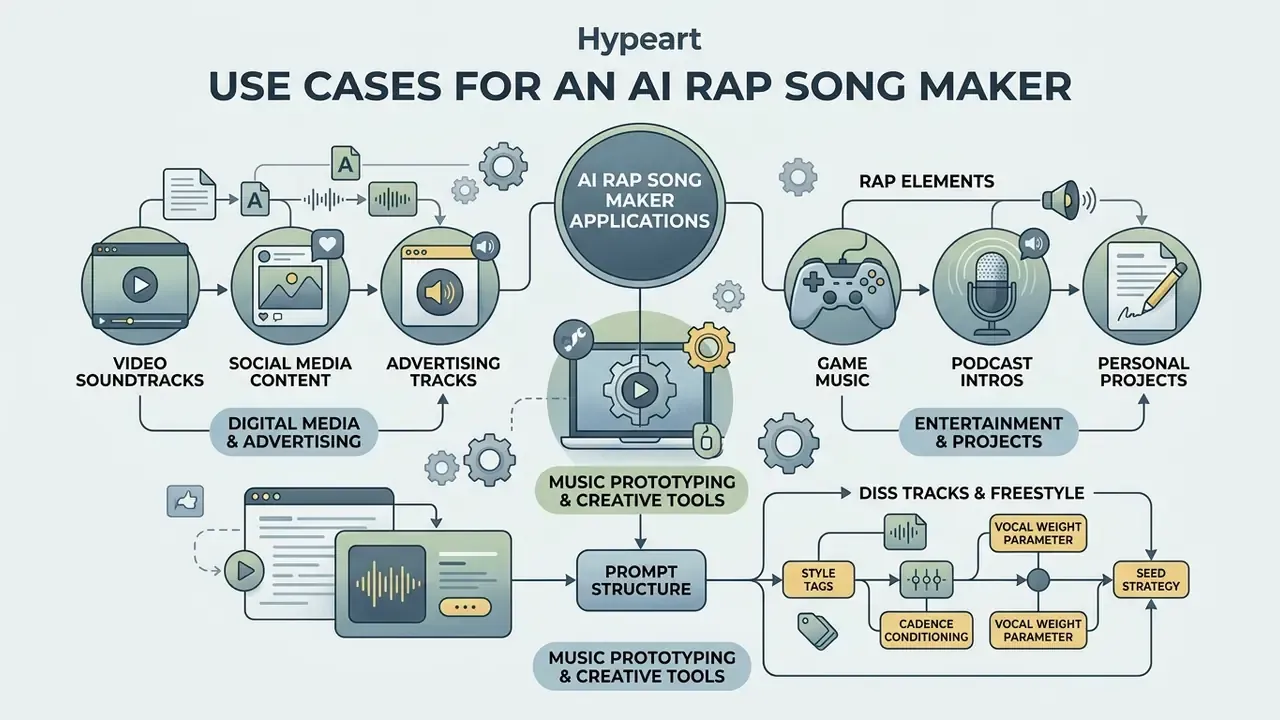 Network diagram showing diverse applications for music generation tools in media and creative projects