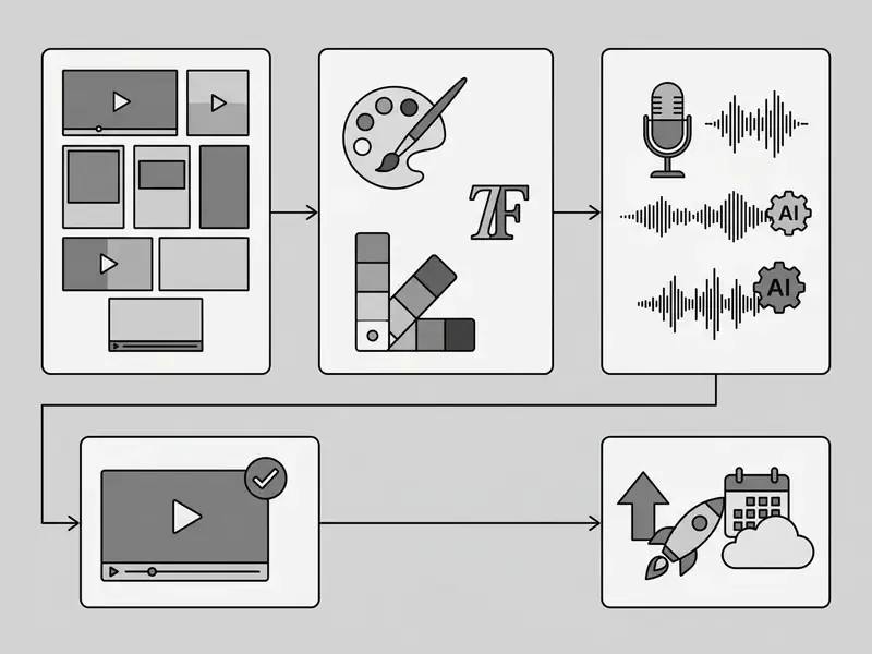 Flowchart depicting a five-stage video production process from template selection to final export