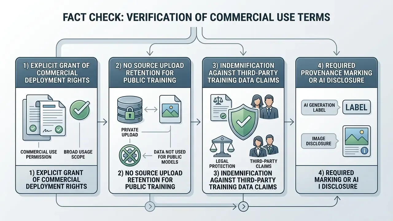 Flowchart detailing four legal checkpoints for verifying commercial usage rights of generated portraits