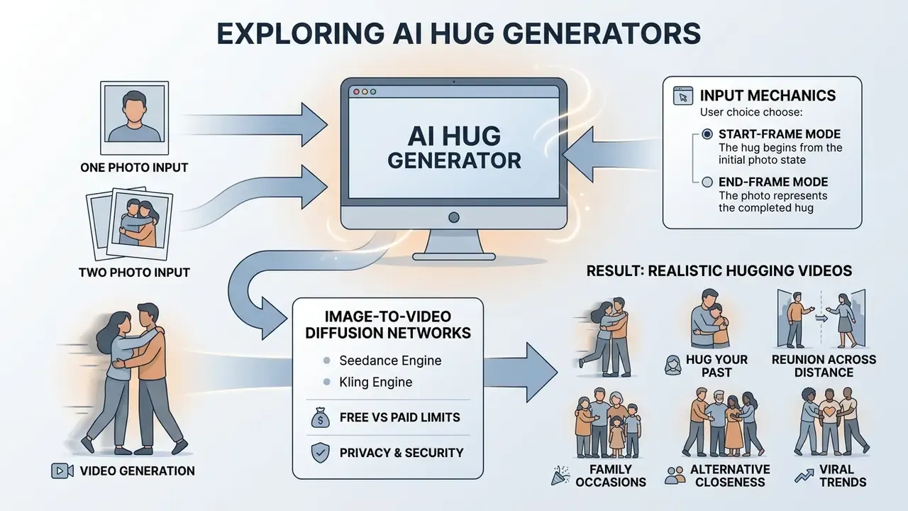 Flowchart showing how photos are processed by an AI hug generator into various animated video scenarios