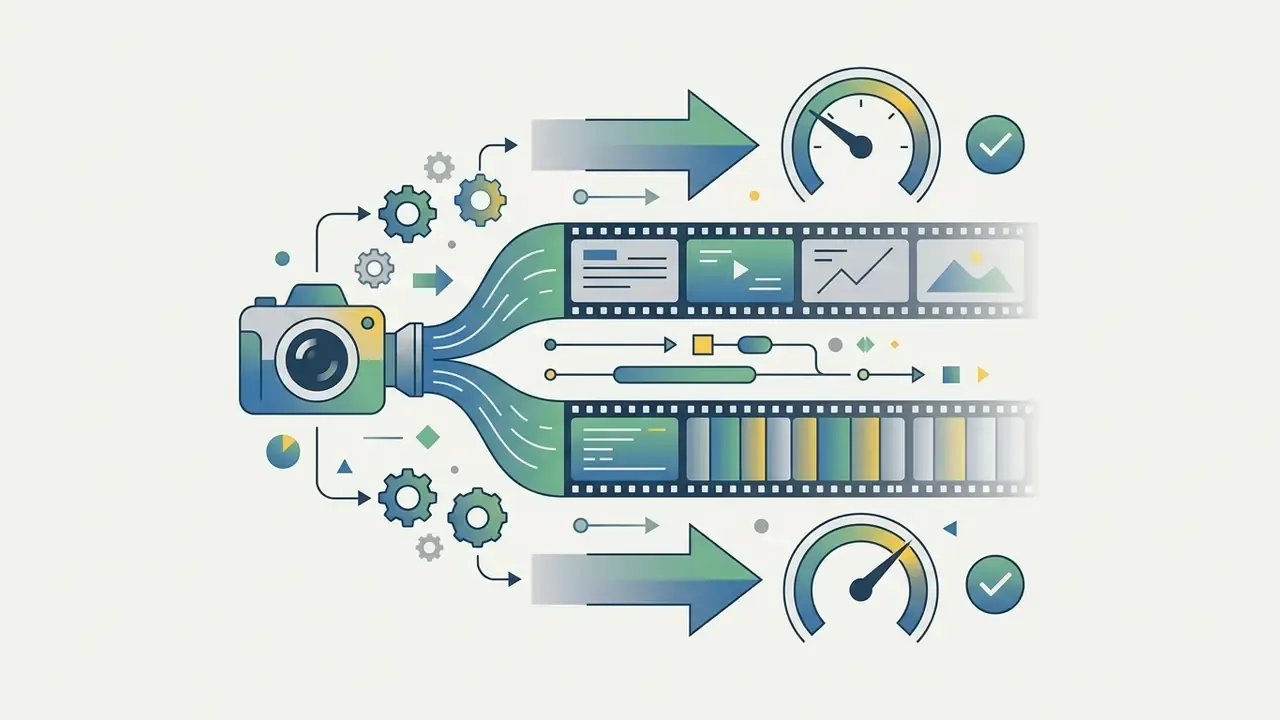 Camera footage flowing into two film strips with speed gauges representing frame rate export settings