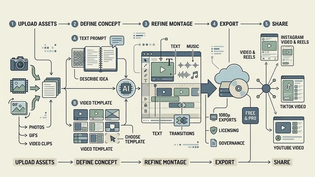 Five-step workflow diagram showing how to create a video montage with AI from asset upload to social sharing