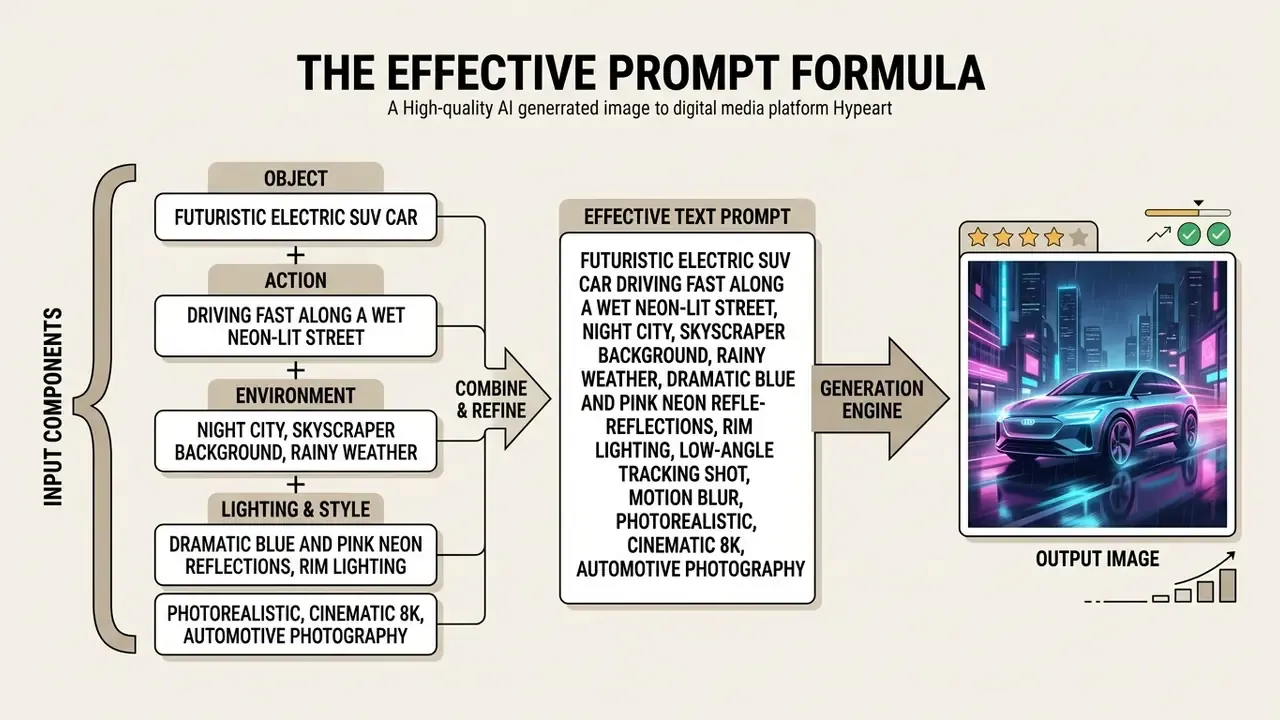 Diagram showing how input components combine to generate a photorealistic electric SUV in a neon city