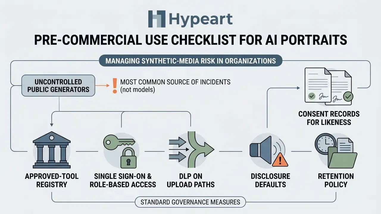 Flowchart outlining organizational governance measures for managing synthetic media and AI portrait risks