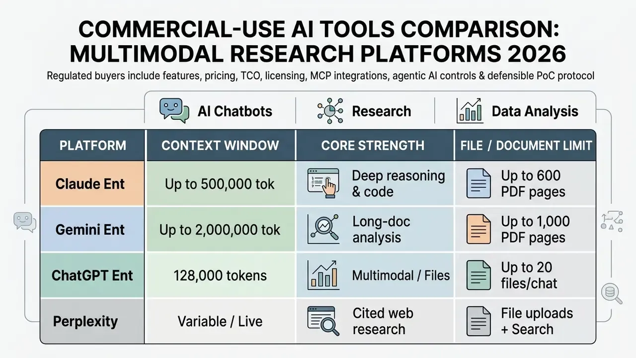 Comparison table of multimodal research platforms showing context windows, core strengths, and file limits