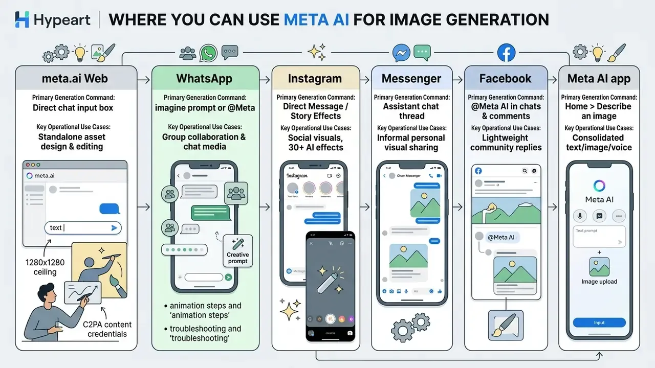 Comparison table detailing specific commands and use cases for Meta AI across various social platforms