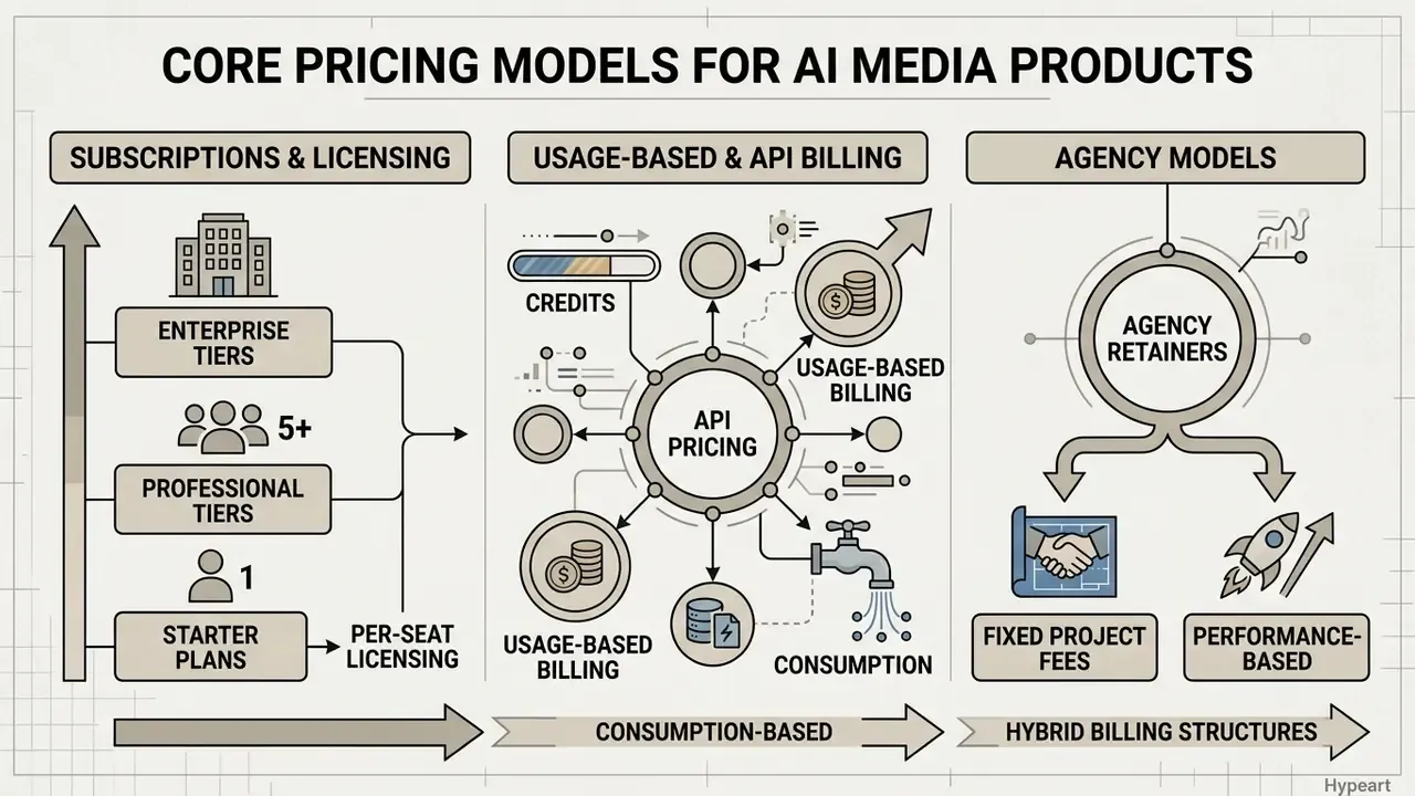 Infographic outlining three billing categories including subscriptions, usage-based API fees, and agency models