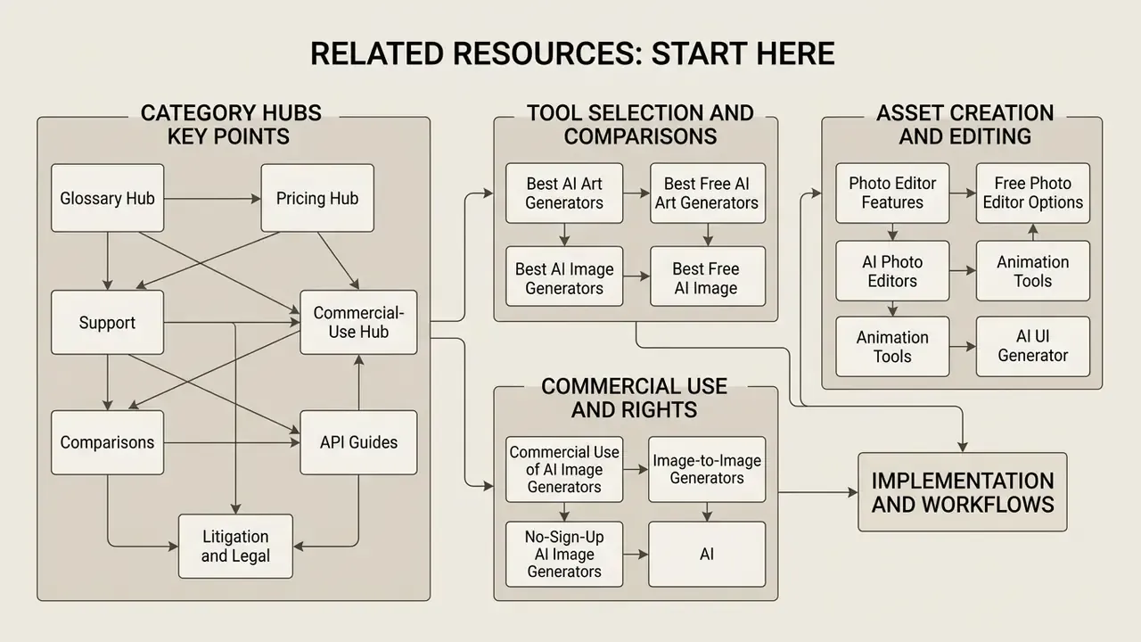 Map of resource categories including tool comparisons, asset creation, and commercial use guidelines