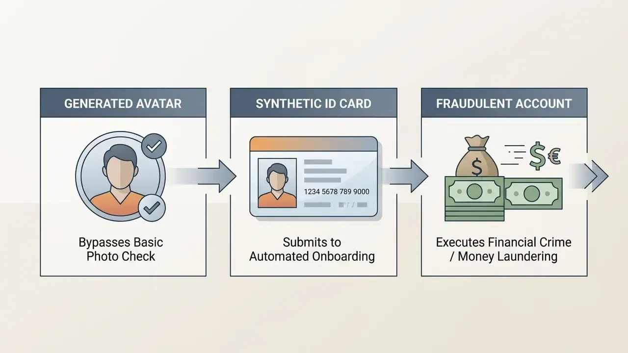 Sequential process showing an AI avatar used to create a fake ID for financial fraud