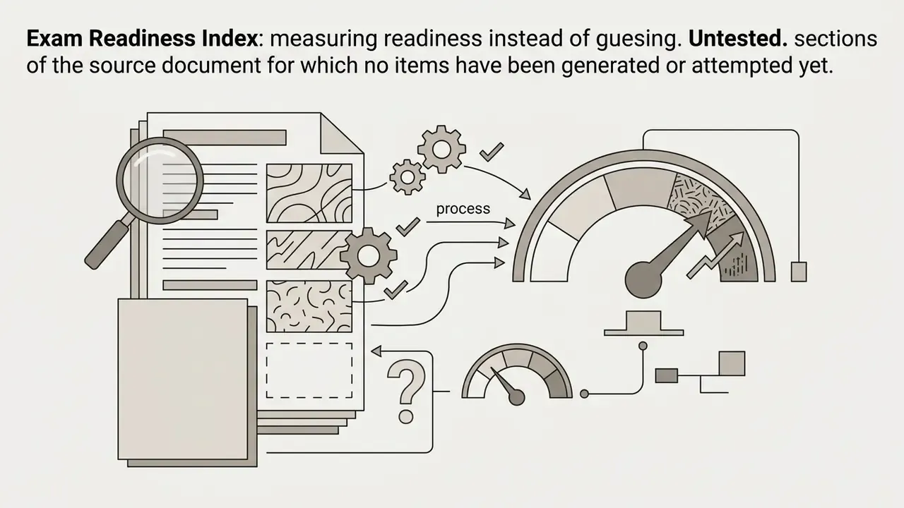 Magnifying glass over a document with gears feeding data into a gauge showing progress and untested sections