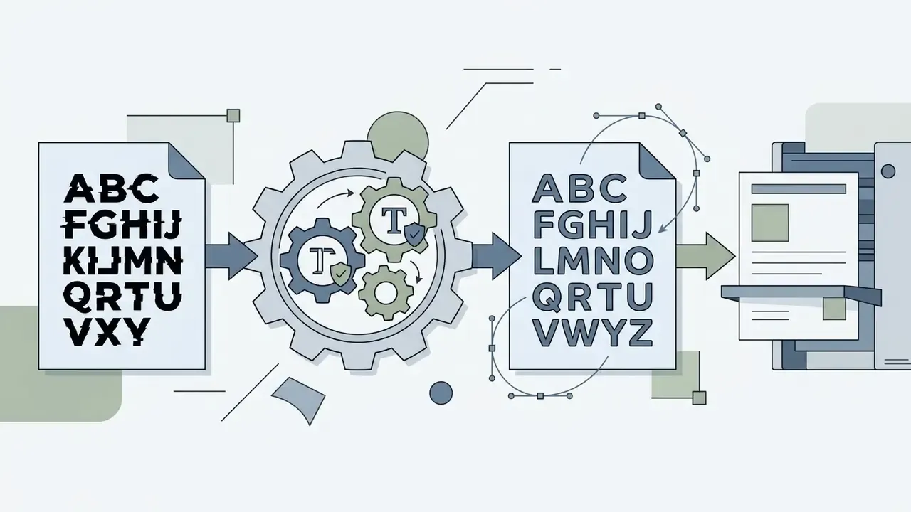 Process of refining distorted text through gear mechanisms into clean typography for print output