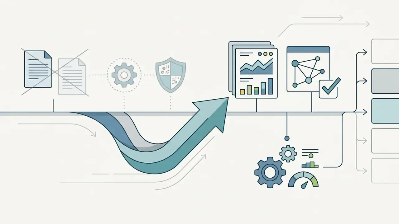 Arrow guiding document icons through gears and shields toward analyzed charts and verified output files