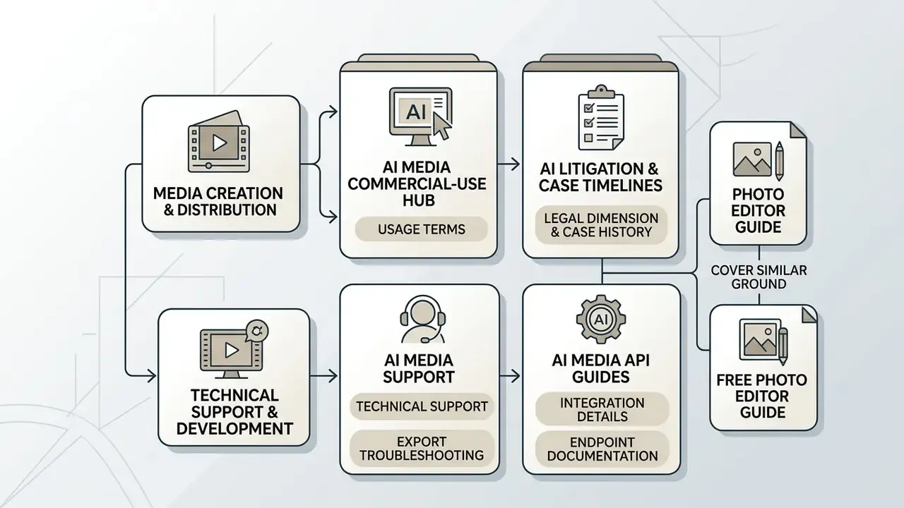 Map of interconnected resource hubs for AI media commercial use, legal timelines, and technical support