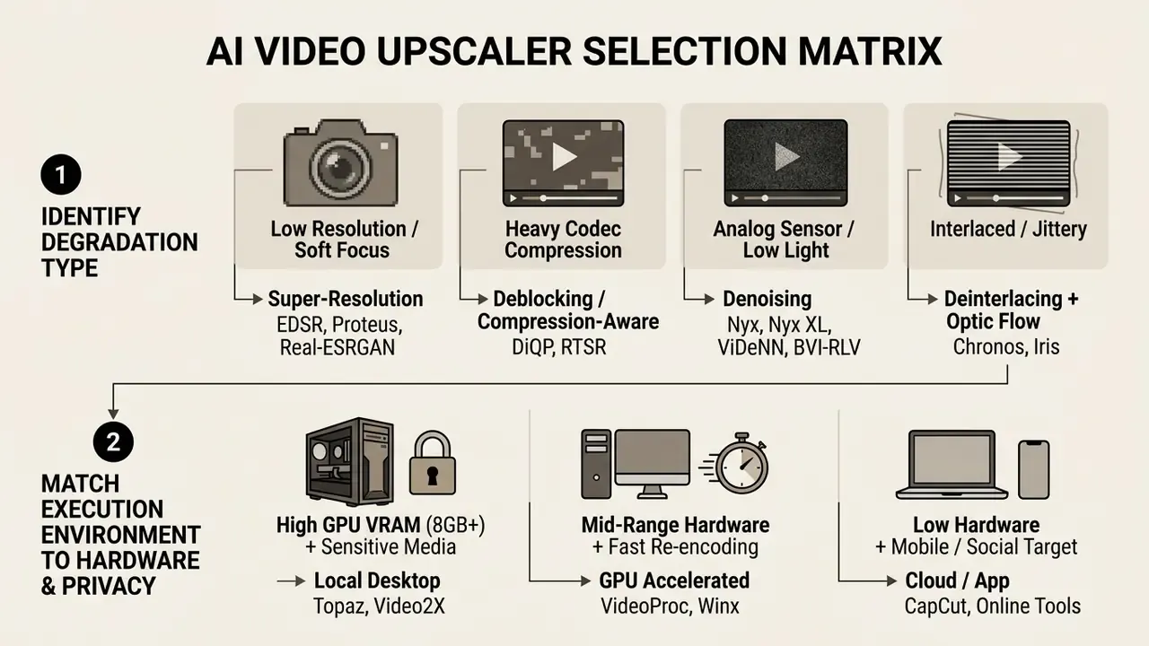 Decision matrix mapping video degradation types and hardware requirements to appropriate AI upscaling tools