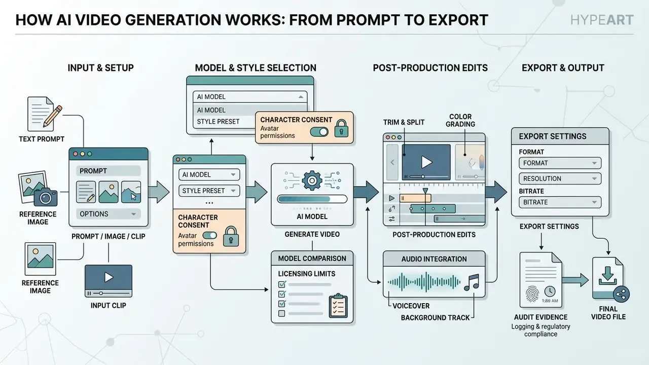Flowchart showing the progression from initial prompts and inputs to AI video generation and final export