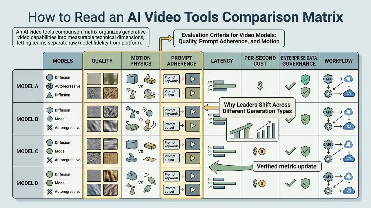Comparison matrix evaluating AI video models across technical dimensions like quality, cost, and workflow
