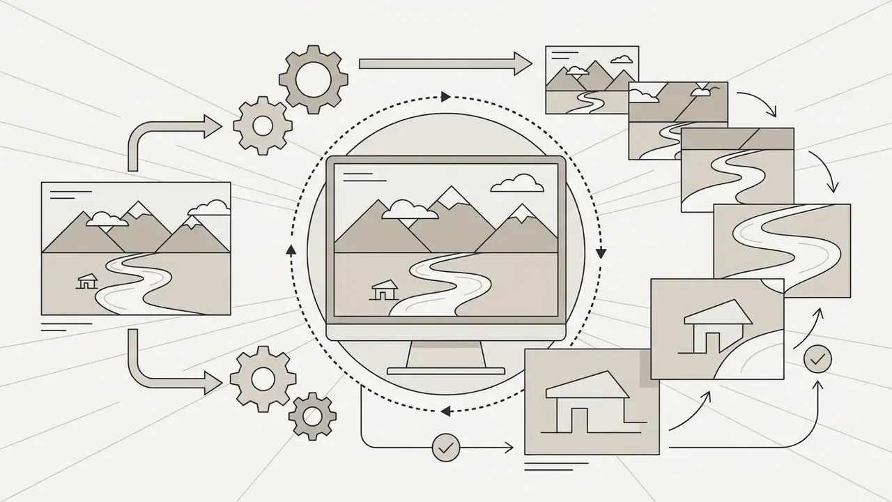Computer monitor displaying a landscape scene being zoomed in to focus on a house through gear processing