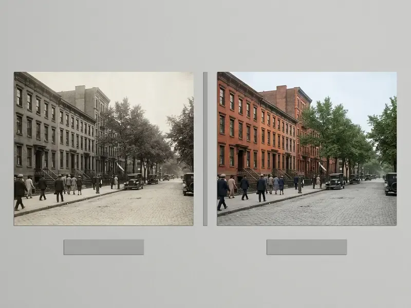 Comparison between a black and white city street scene and its colorized version