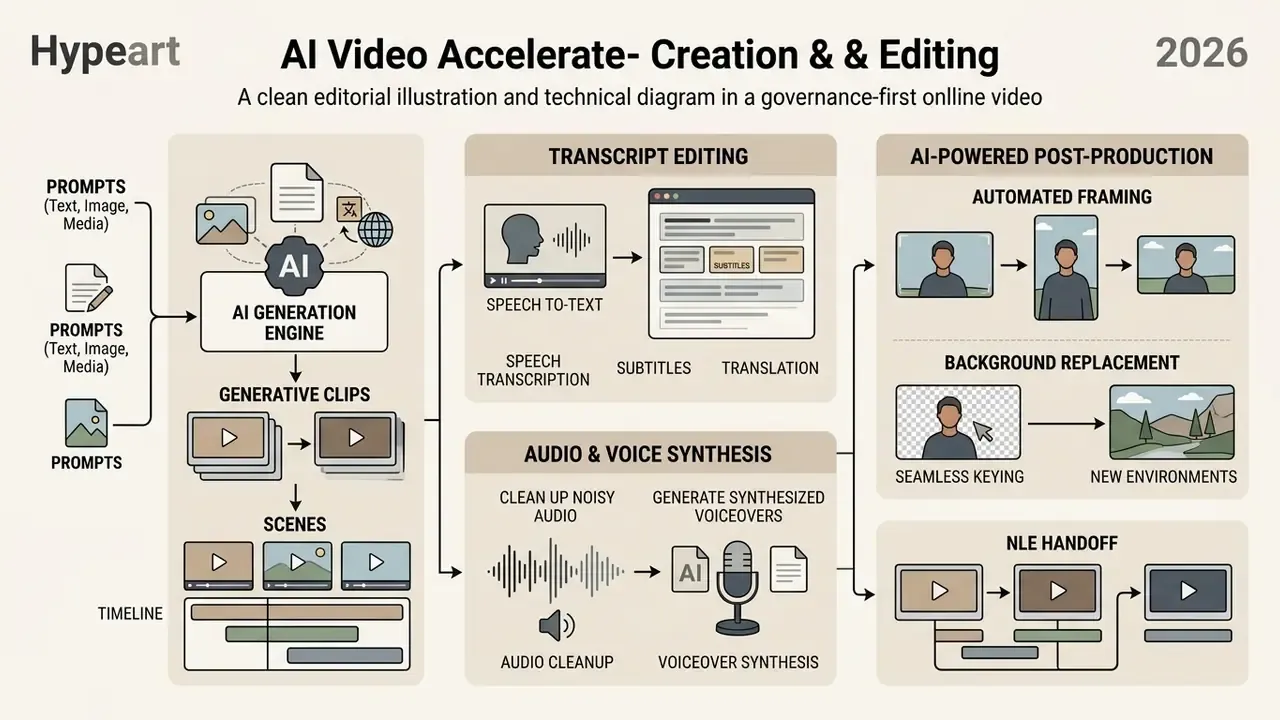 Diagram showing AI processes for generating clips, editing transcripts, synthesizing audio, and post-production