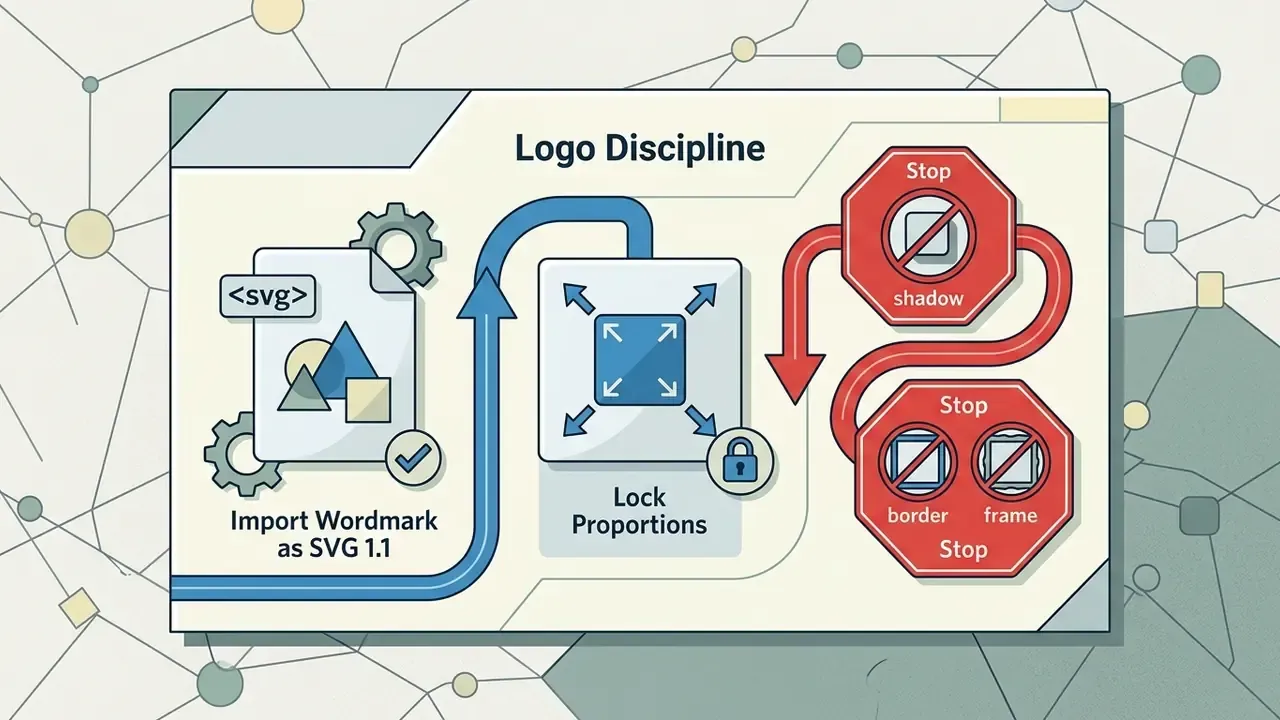 Workflow showing steps to import an SVG logo while locking proportions and avoiding shadows or borders