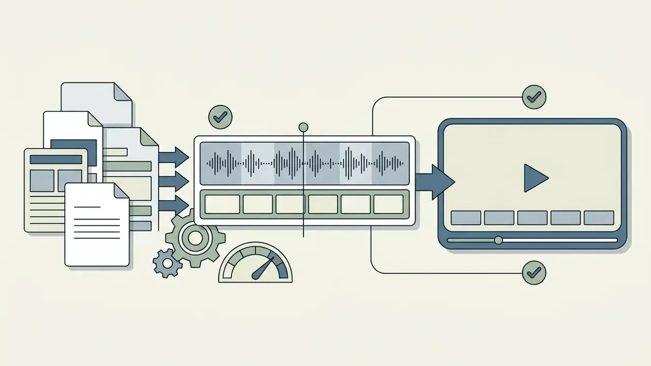 Documents feeding into an audio waveform editor that connects to a video player with subtitle tracks
