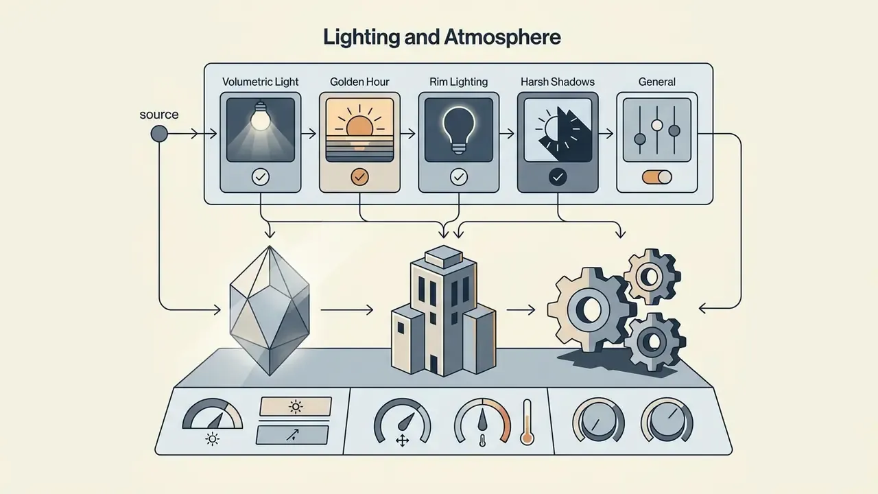 Sequential lighting options feeding into a control panel with geometric shapes and mechanical gears