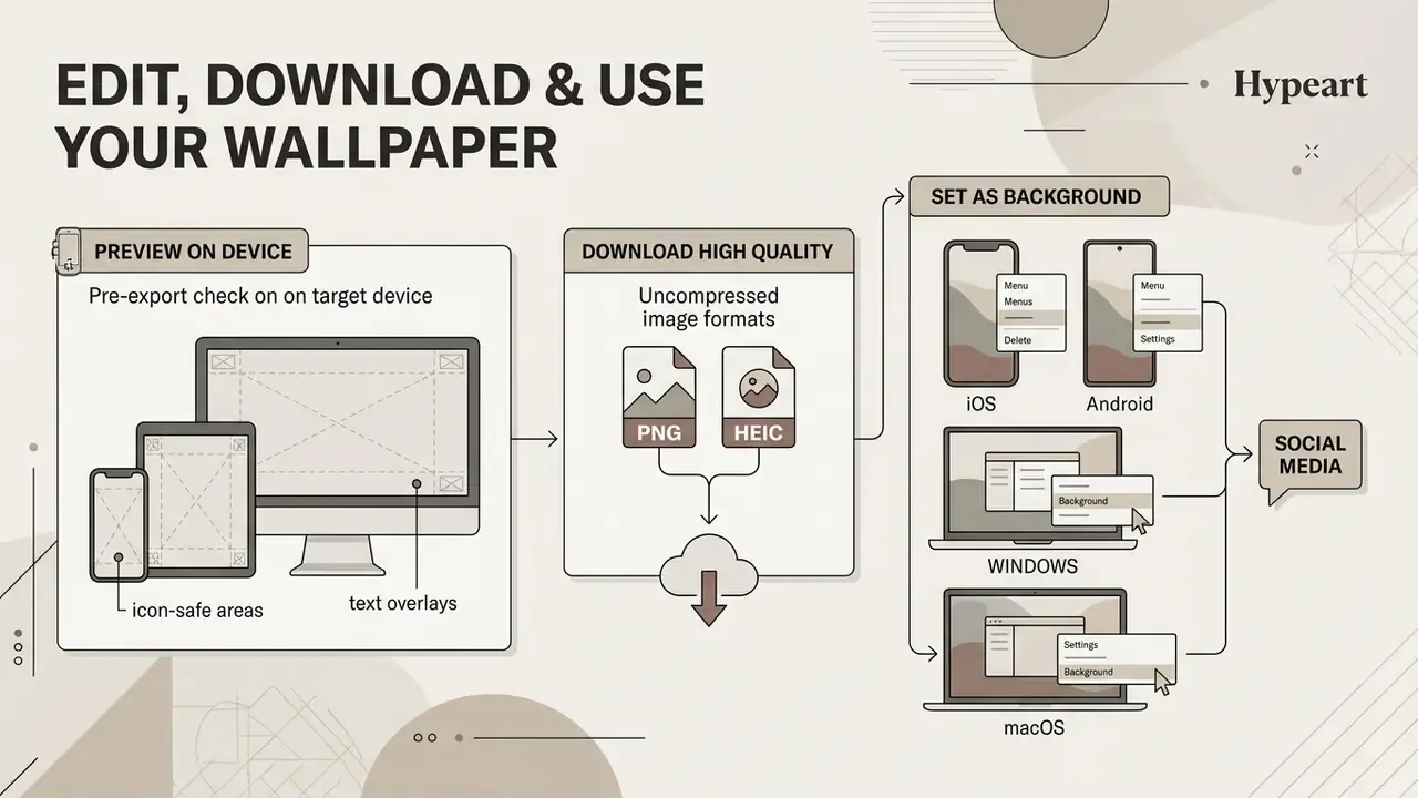 Process flow for previewing, downloading, and setting custom wallpapers on mobile and desktop devices