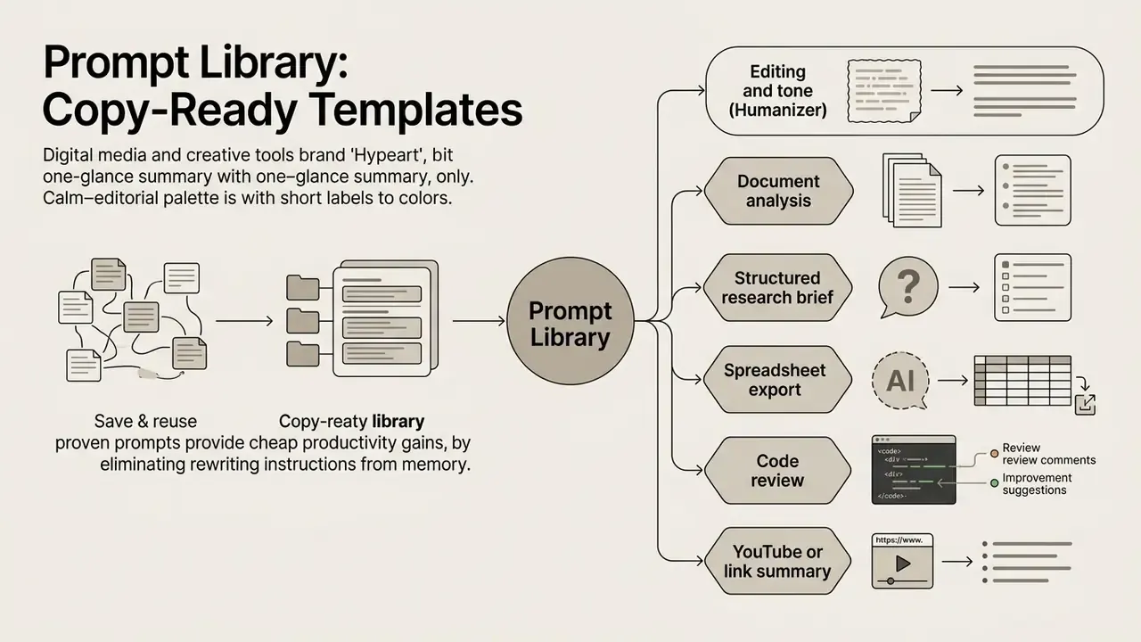 Flowchart showing how saved prompts organize tasks like document analysis, code review, and data export